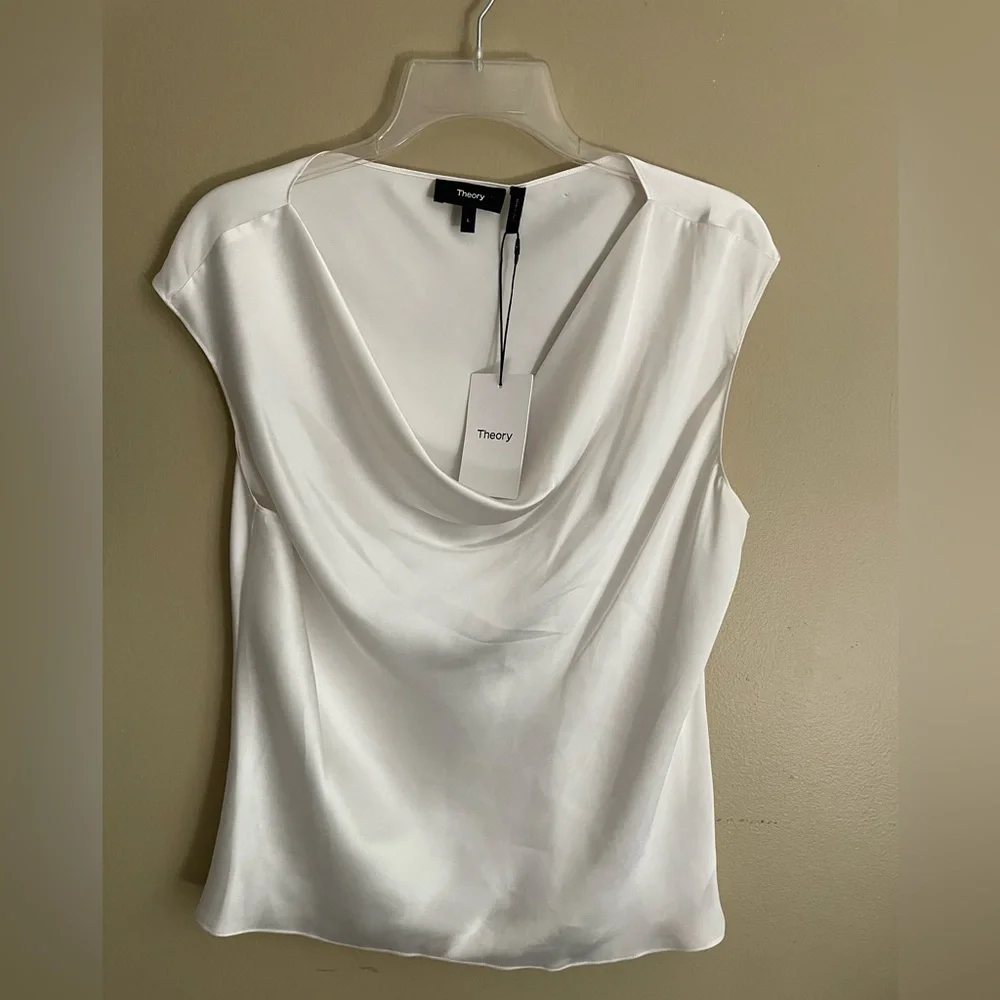 THEORY 
Cowl Neck Top in Crushed Satin 
Flat Ivory
Sz. L - Picture 4 of 7